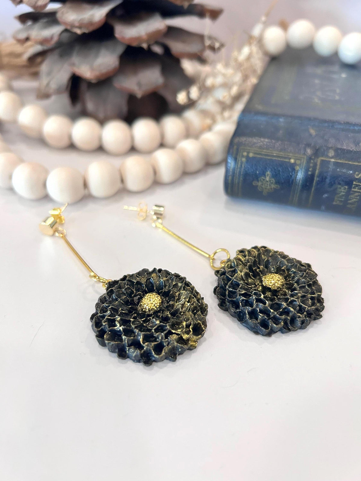 Handmade Black Dahlia Clay Earrings: Gold Floral Bar Dangles