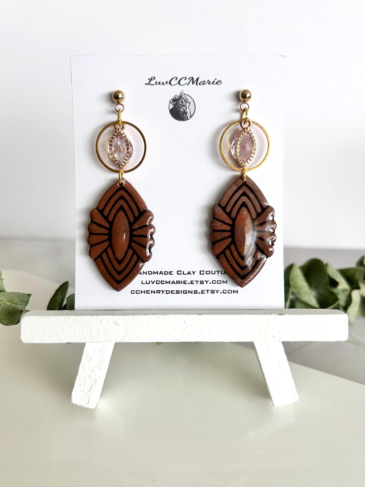 Dark Brown Clay Dangle Earrings: Gold Cubic Zirconia, Boho Wedding Jewelry
