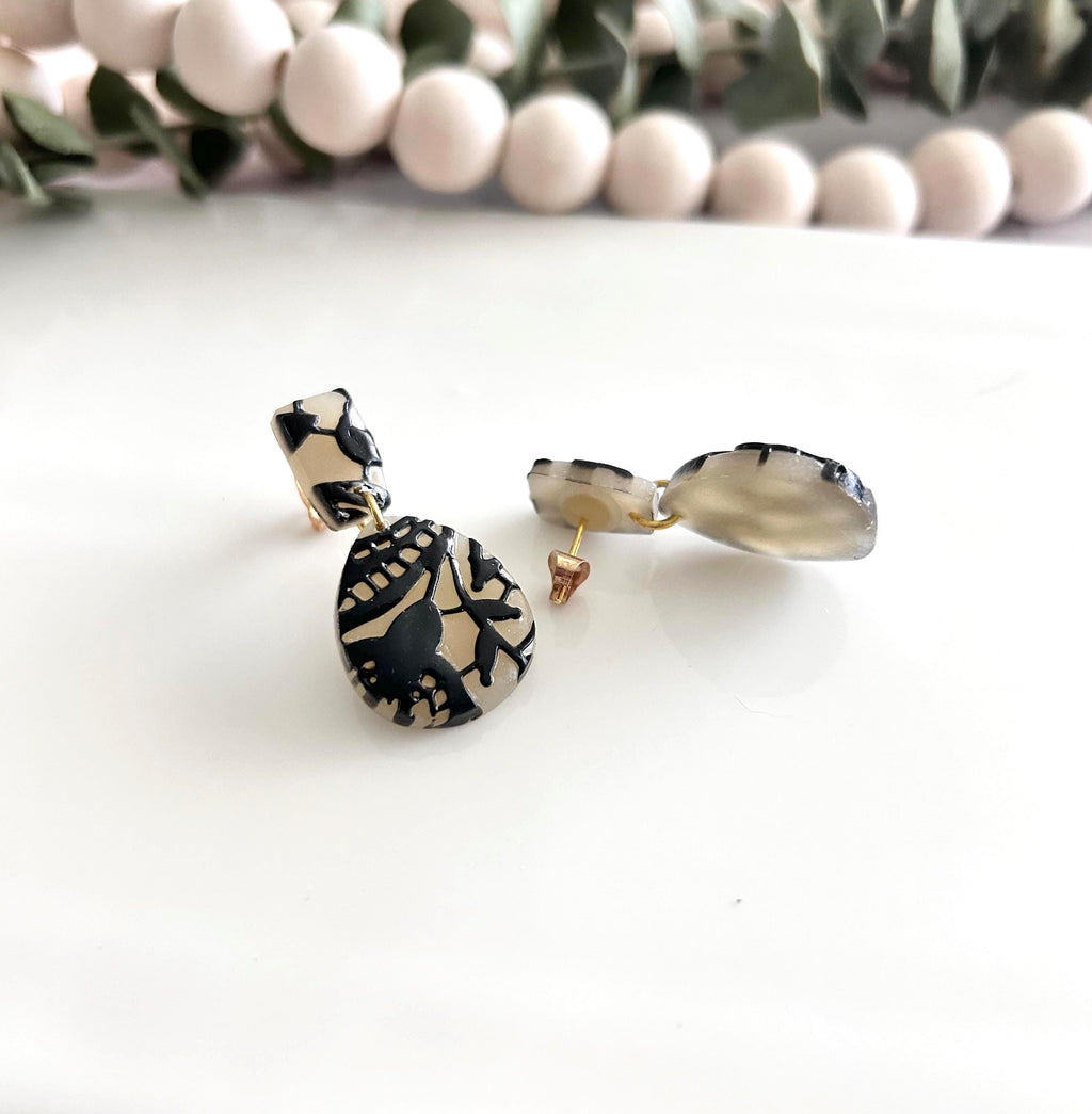 Black and Nude Lace Stud Drop Earrings, Elegant Wedding Clay Jewelry, Bridal Gift