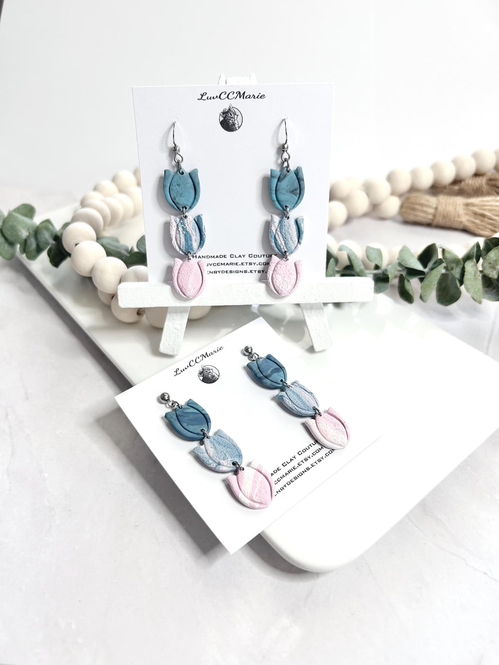 Tulip Earrings, Long Dangle Ombre Clay Handmade Jewelry Gift for Her