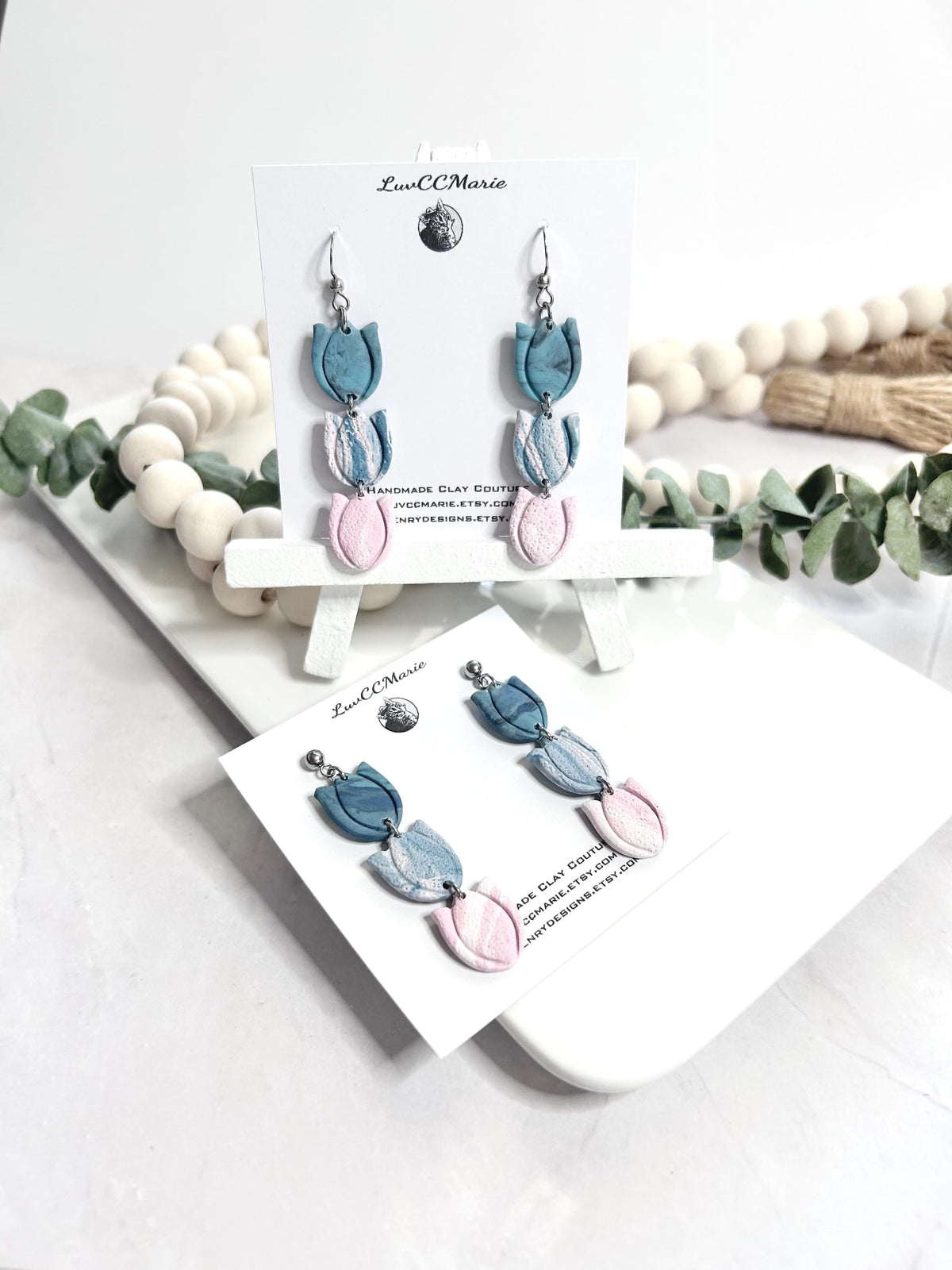 Tulip Earrings, Long Dangle Ombre Clay Handmade Jewelry Gift for Her