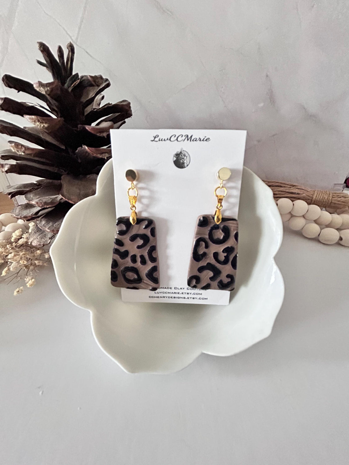 Handmade Leopard Print Earrings: Boho Polymer Clay Dangles