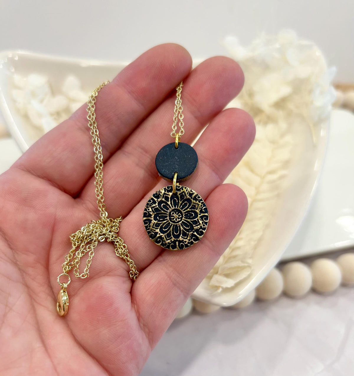 Dark Navy Blue Clay Necklace, Gold Mandala Embossed Pendant, Handmade Fashion Boho Jewelry