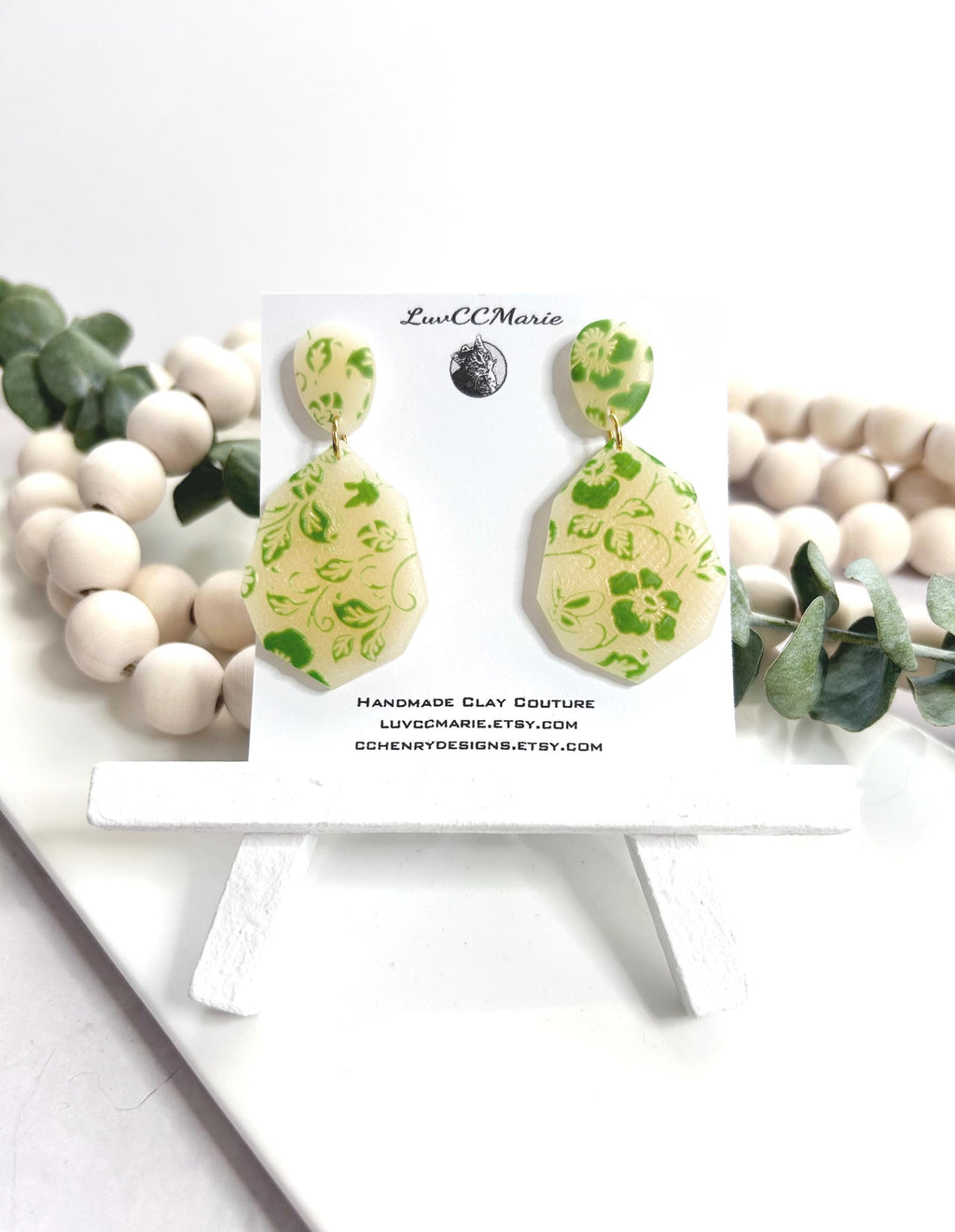 Handmade Green Floral Clay Earrings: Boho Drop Dangles