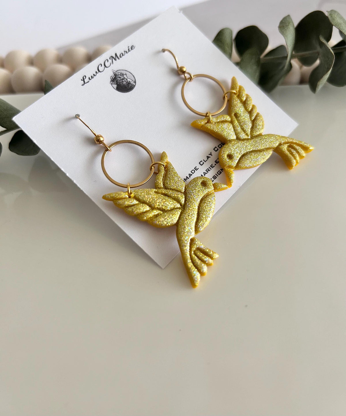 Hummingbird Earrings, Polymer Clay Bird Jewelry, Yellow Summer Garden Gift