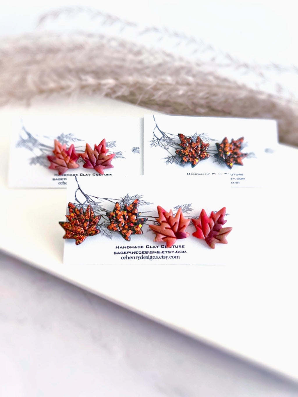 Red Maple Fall Leaf Stud Earrings, Glitter Clay Studs Set, Fire Sparkly Handmade Post