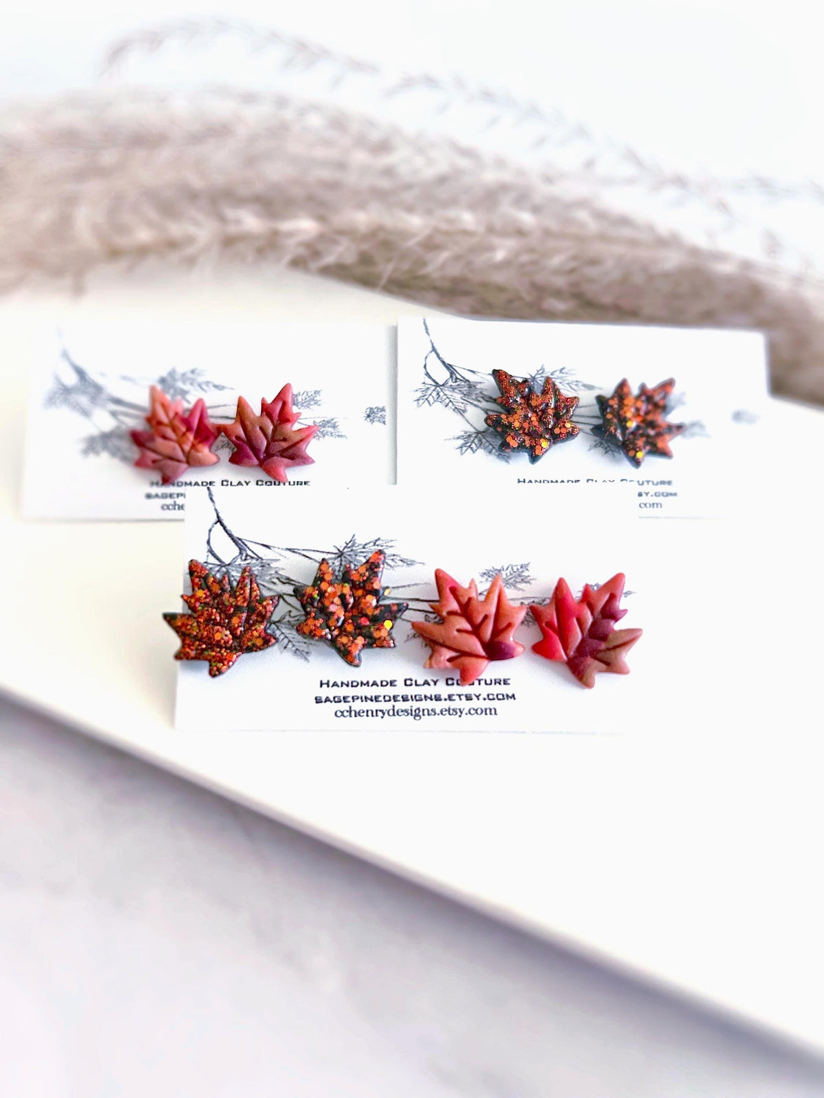 Red Maple Fall Leaf Stud Earrings, Glitter Clay Studs Set, Fire Sparkly Handmade Post