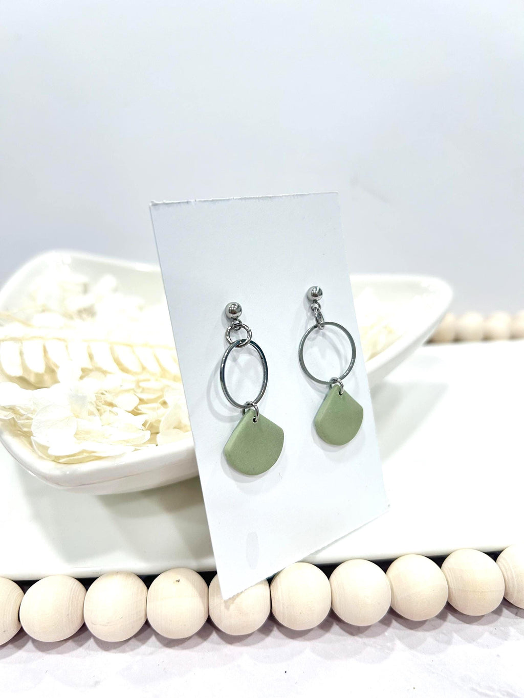 Handmade Sage Green Clay Earrings, Neutral Minimal Hoop Drop Dangles, Boho Jewelry Gift