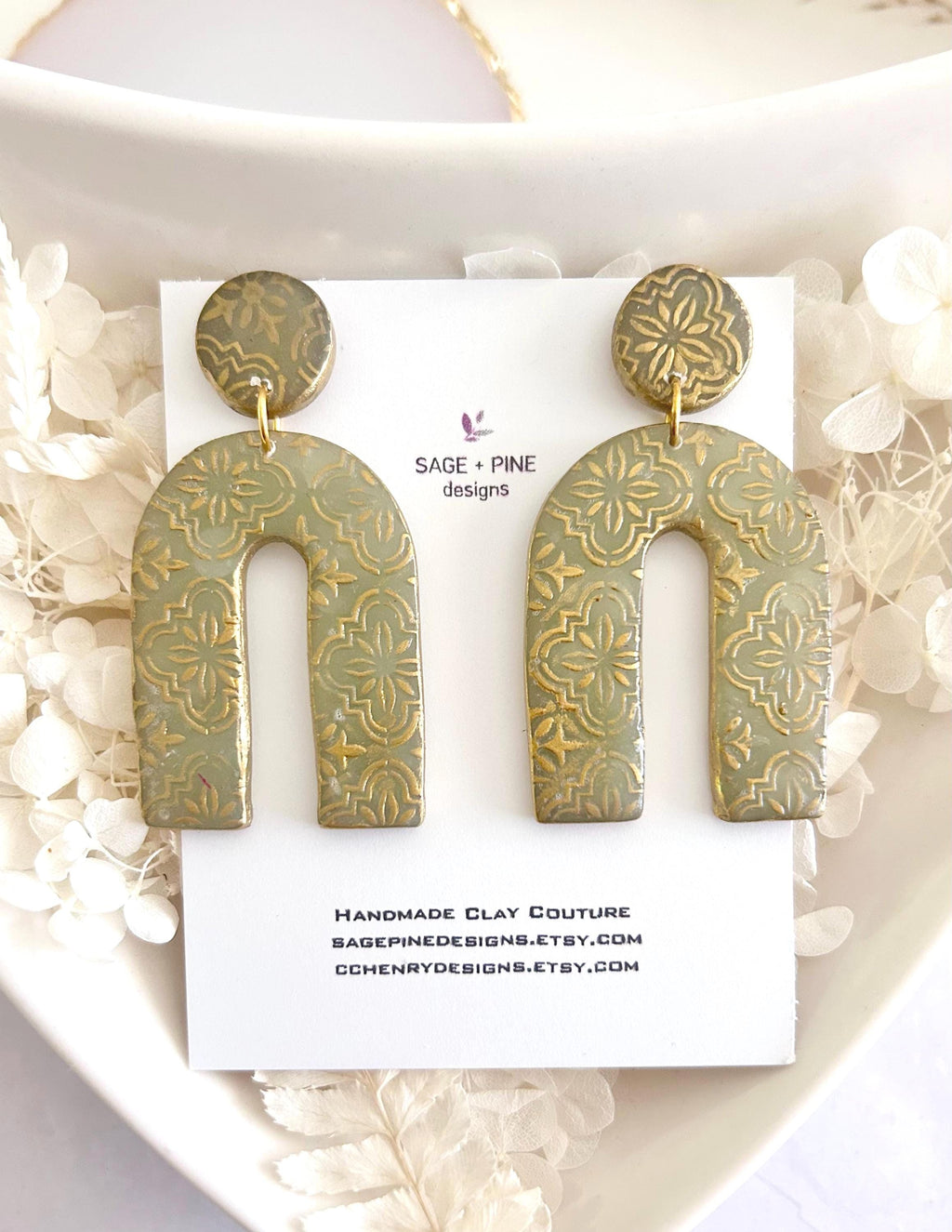 Gold & Sage Drop Studs, Santorini Earrings, Statement Arches, Holiday Jewelry