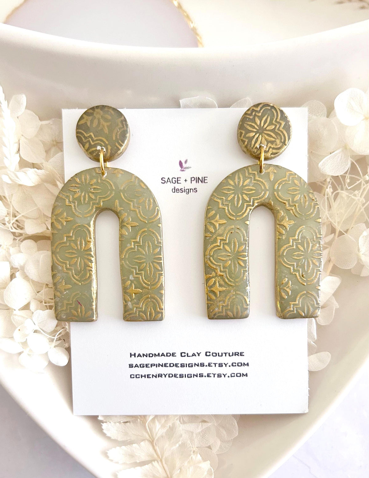 Gold & Sage Drop Studs, Santorini Earrings, Statement Arches, Holiday Jewelry