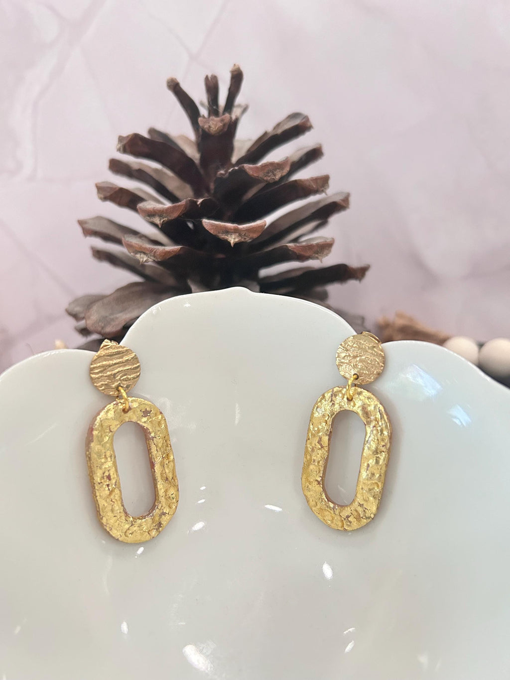 Handmade Hammered Gold Clay Earrings: Boho Dangle, Stainless Steel Studs