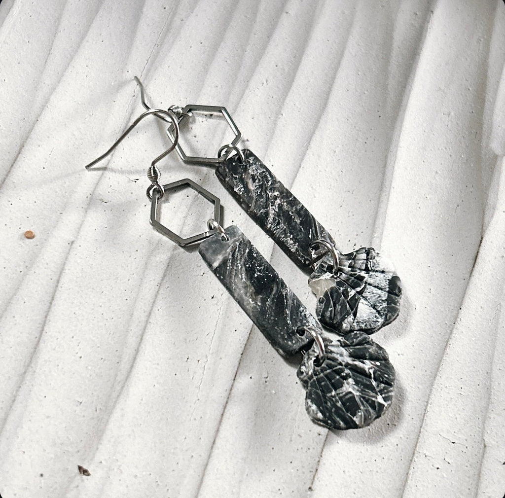 Seashell Earrings, Black Beach Dangles, Stainless Steel Long Hexagon Handmade Clay Boho Jewelry