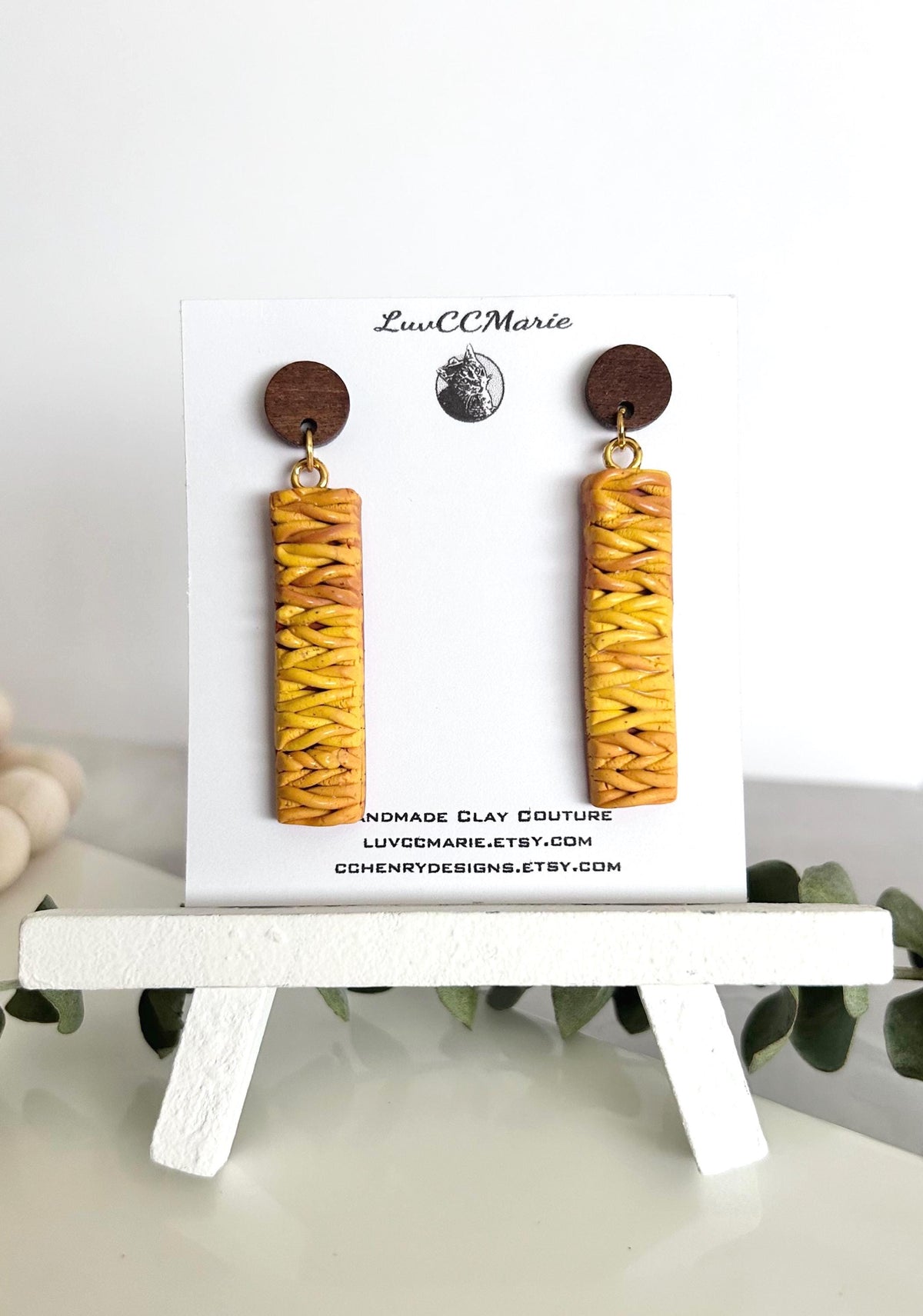 Mustard Knit Dangles, Yellow Clay Earrings, Wood Stud Drops, Lightweight Handmade Unique Fall Jewelry Gift