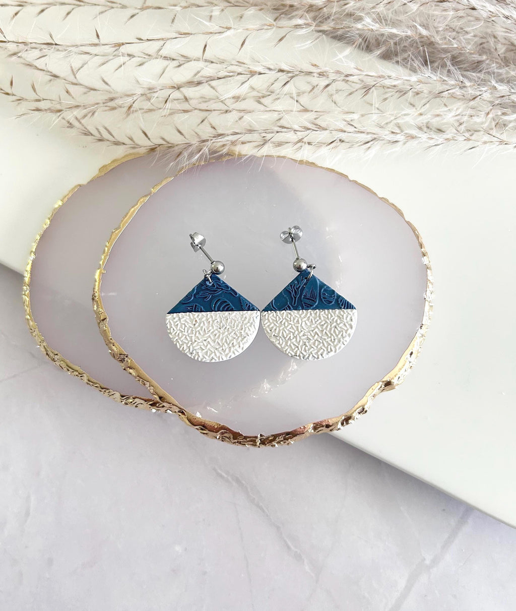 Creamy White and Teal Blue Abstract Fan Dangle Earrings, Handmade Clay Coastal Jewelry