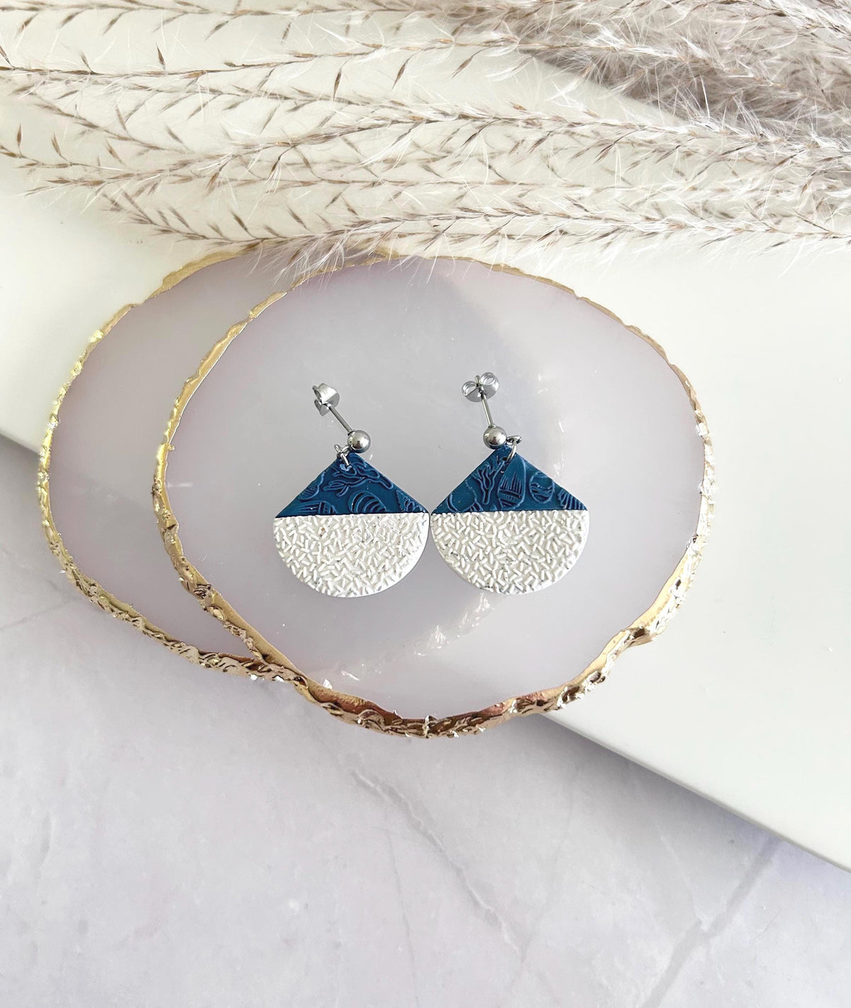 Creamy White and Teal Blue Abstract Fan Dangle Earrings, Handmade Clay Coastal Jewelry