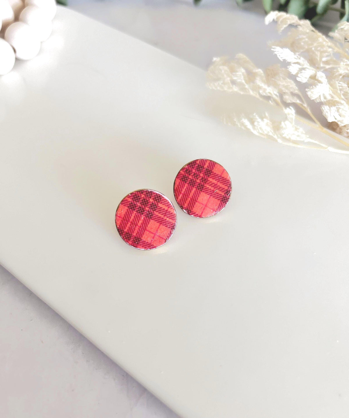 Dark Burgundy Red and Orange Plaid Stud Earrings, Clay Studs, Gingham Jewelry, Hypoallergenic Steel