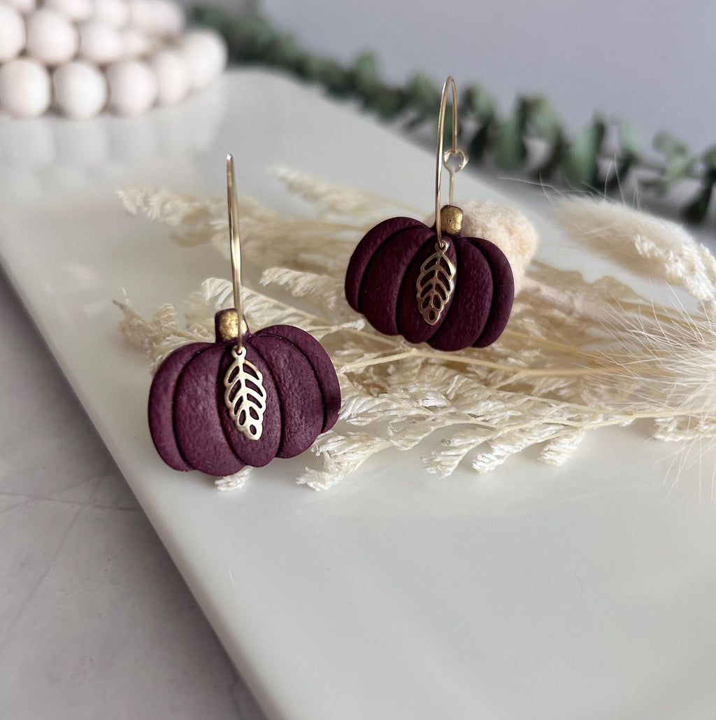 Pumpkin Earrings, Hoop Dangles, Fall Leaf, Boho Handmade Fashion Jewelry