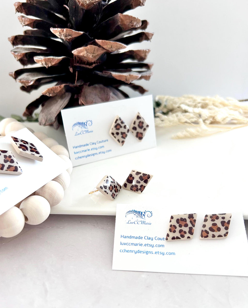 Leopard Print Stud Earrings, Cream and Brown Clay Studs, Trendy Geometric Handmade Jewelry Gift