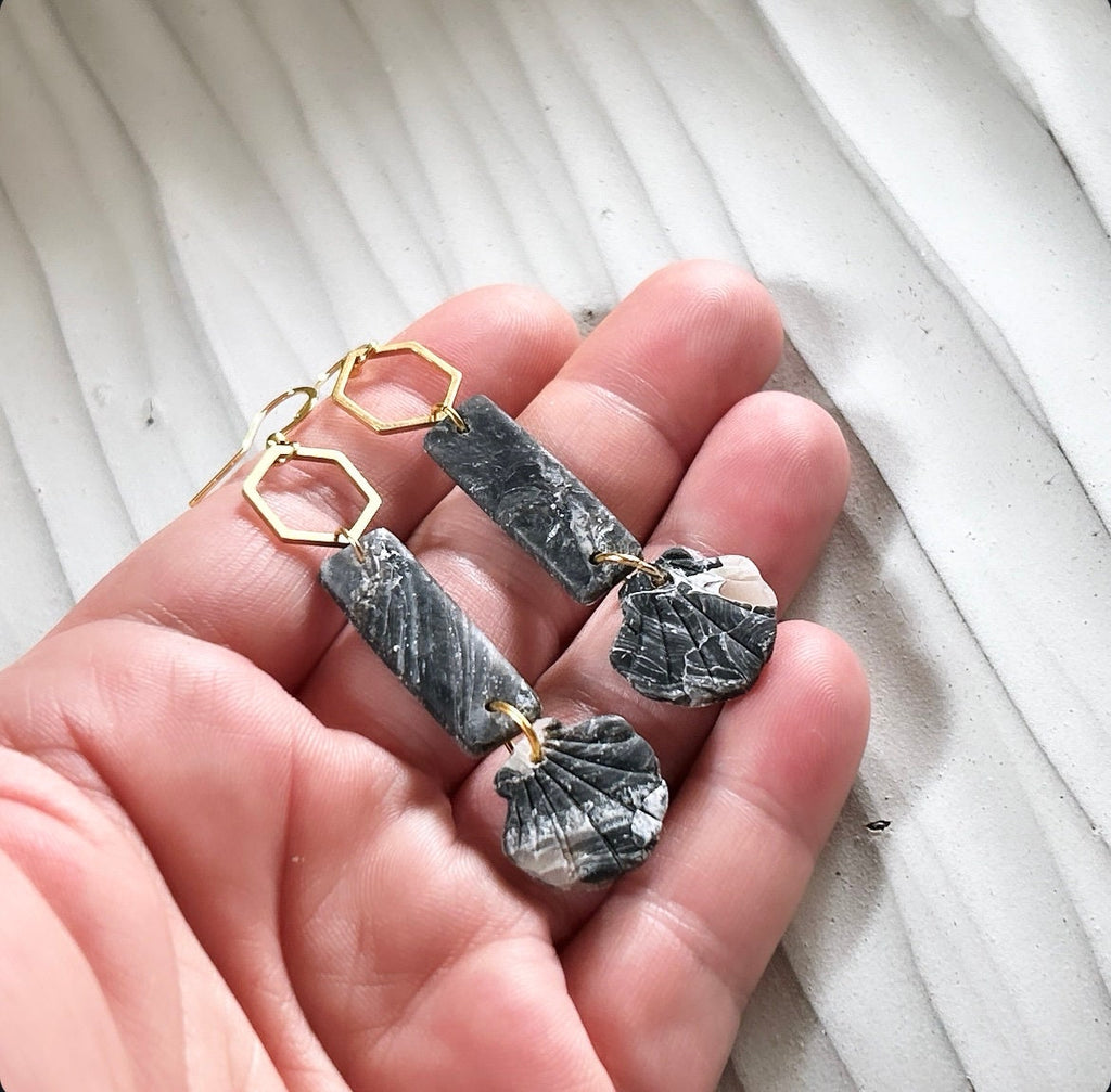 Seashell Earrings, Black and Gold Long Dangles, Coastal Beach Vacation Clay Jewelry Wedding Gift