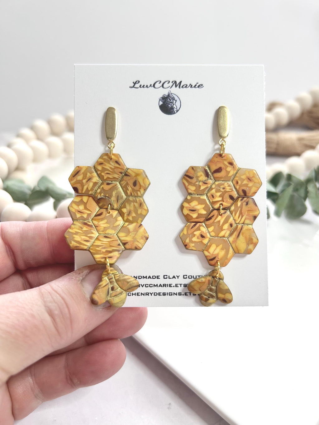 Honey Bee Earrings, Yellow Statement Stud Dangles, Mustard Honeycomb Handmade Clay Jewelry Gift
