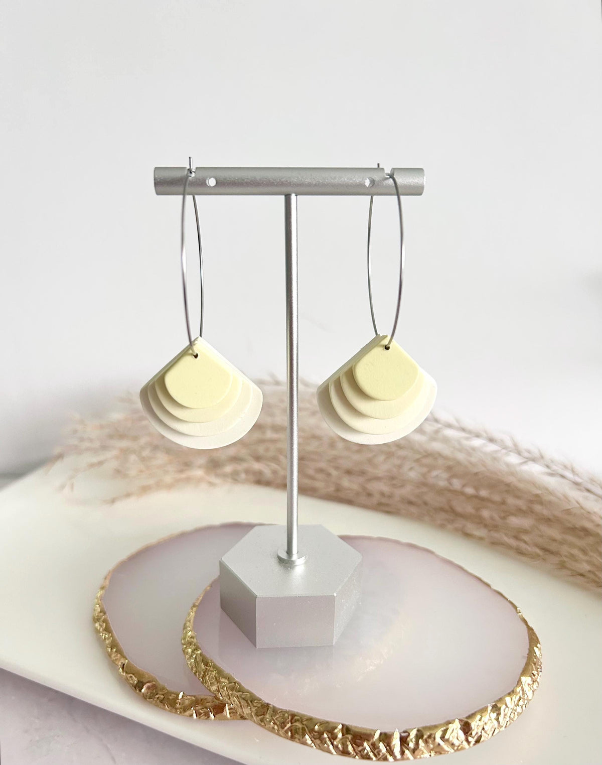 Butter Yellow or Light Blue Hoop Earrings, Geometric Boho Dangle Hoops, Lightweight Handmade Jewelry