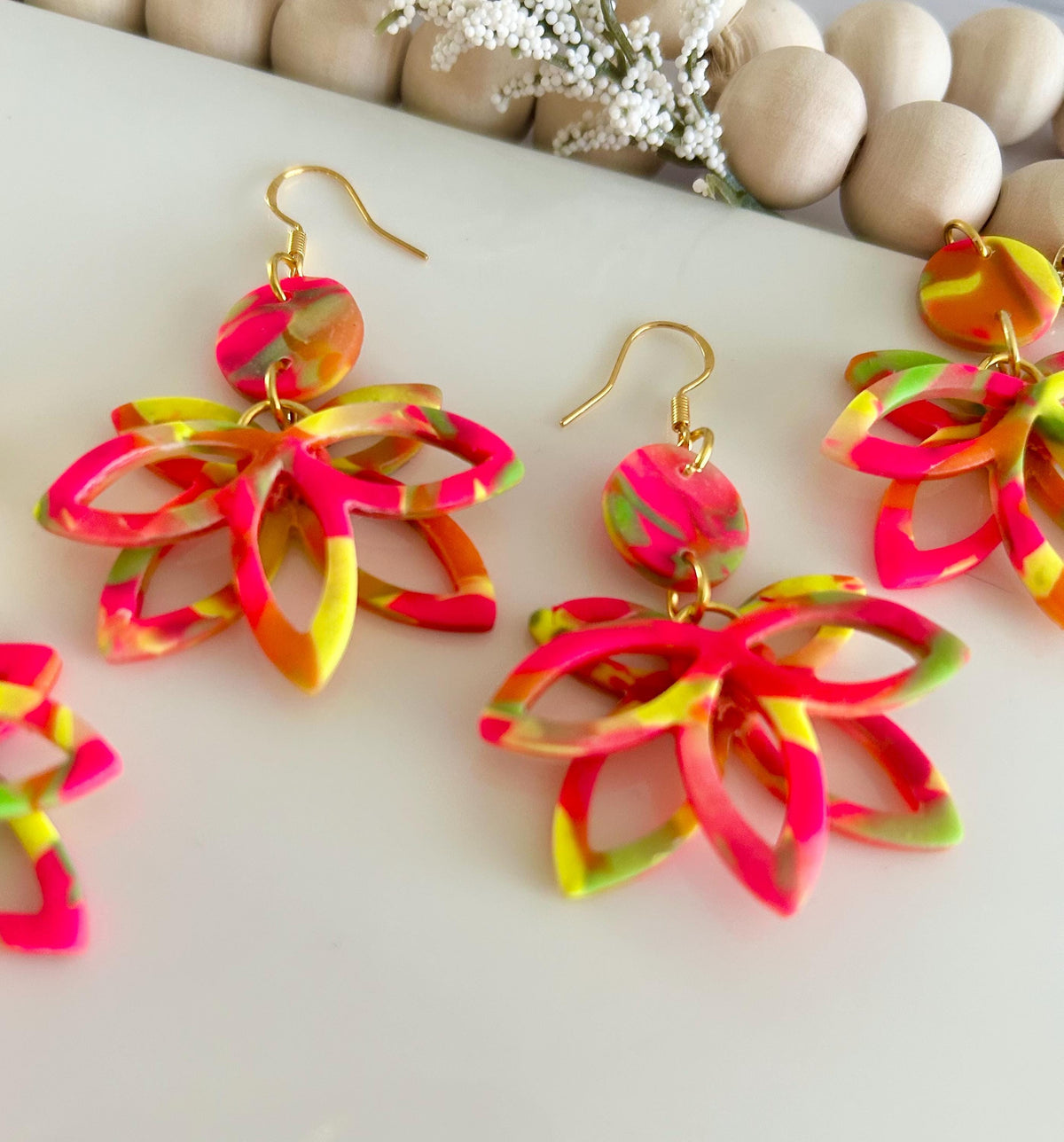 Neon Flower Clay Earrings, Fluorescent Rainbow Lotus Dangles, Geometric Floral Handmade Boho Jewelry Gift