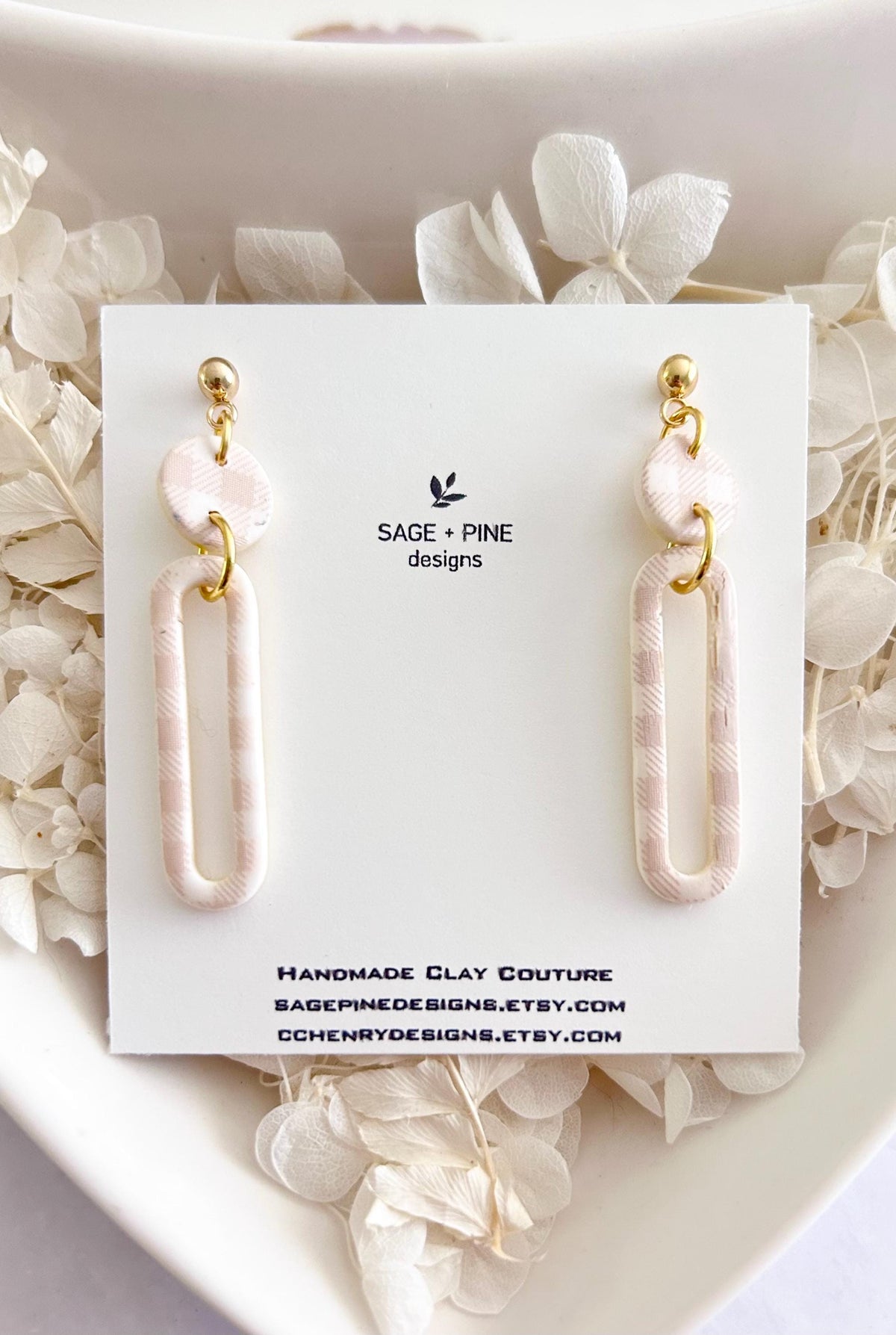 Beige and Gold Gingham Earrings, Clay Hoop Dangles, Lightweight Hypoallergenic