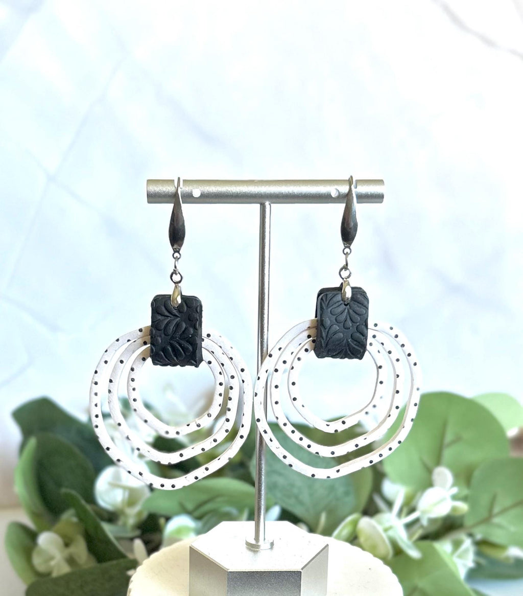Black and White Polka Dot Hoop Earrings, Handmade Clay Dangles, Stainless Steel, Contemporary Statement