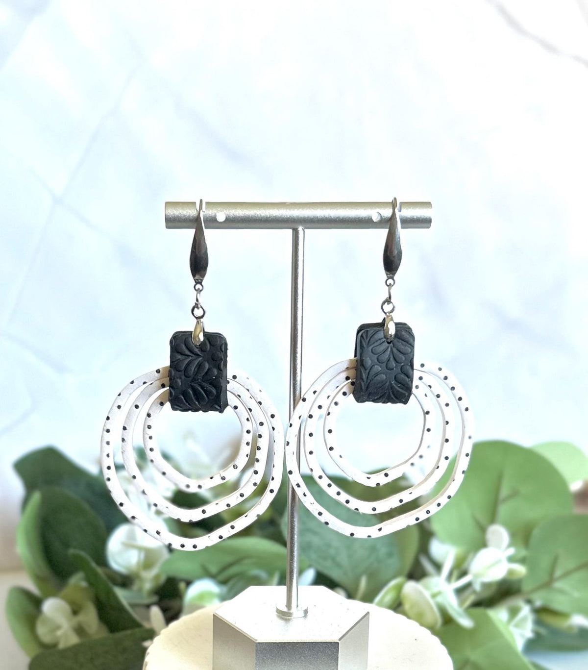 Black and White Polka Dot Hoop Earrings, Handmade Clay Dangles, Stainless Steel, Contemporary Statement