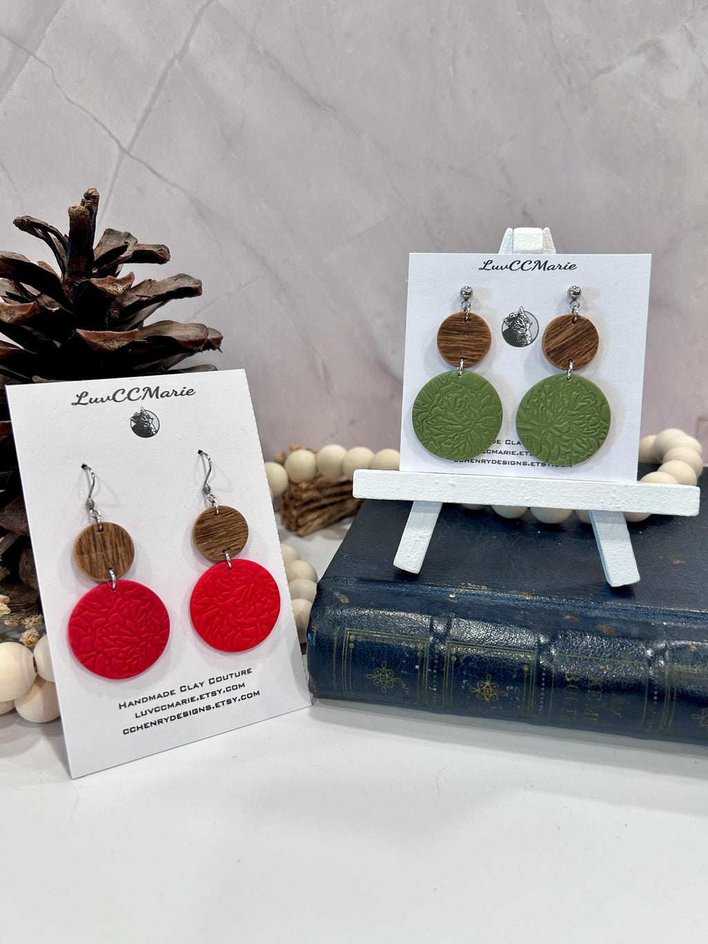 Olive Green Earrings, Stamped Clay Wood Embossed Floral Botanical Boho Handmade Fashion Jewelry