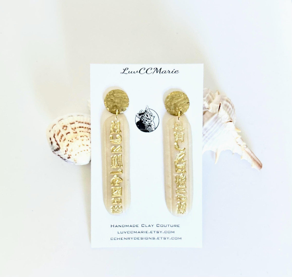 Gold Cartouche Hieroglyphic Earrings, Egyptian Post Bar Dangles, Unique Handmade Jewelry Gift