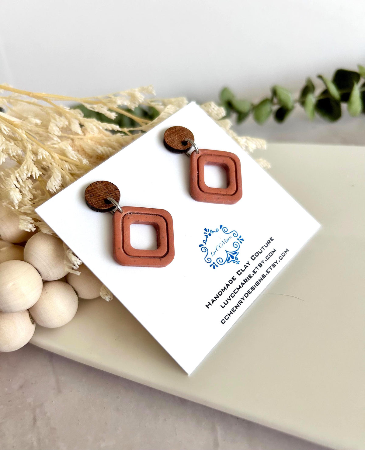 Terracotta Drop Earrings, Geometric Clay & Wood Handmade Fashion Boho Jewelry