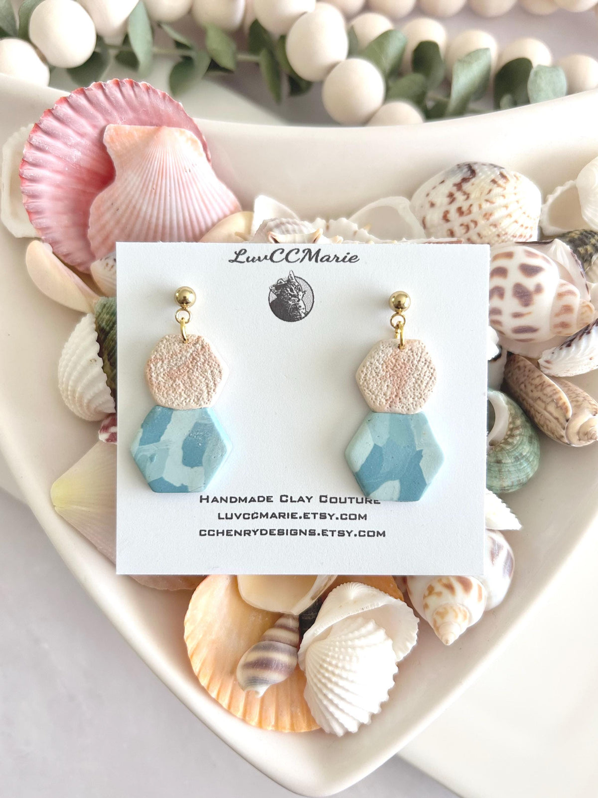 Blue Terrazzo Clay Dangle Earrings, Summer Dangles, Beachy Beige Coastal Vacation Handmade Jewelry