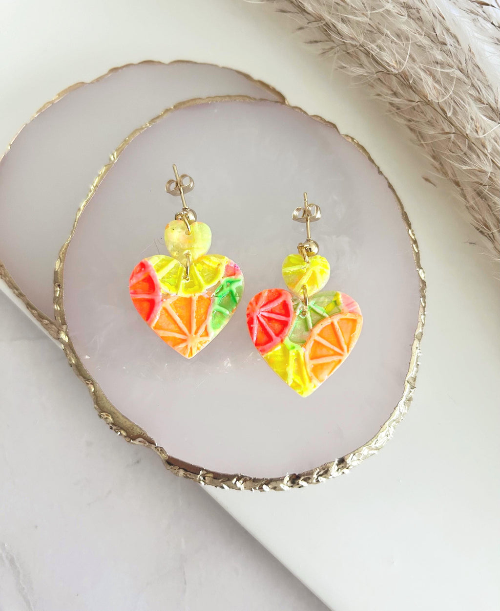Neon Orange Heart Earrings, Grapefruit, Lemon, Lime, Unique Handcrafted Dangles, 90s Statement Clay Jewelry