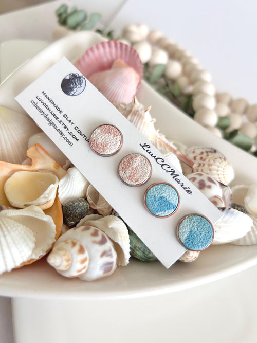 Beige and Blue Terrazzo Clay Stud Earrings Set, Beachy Coastal Vacation Studs, Handmade Jewelry