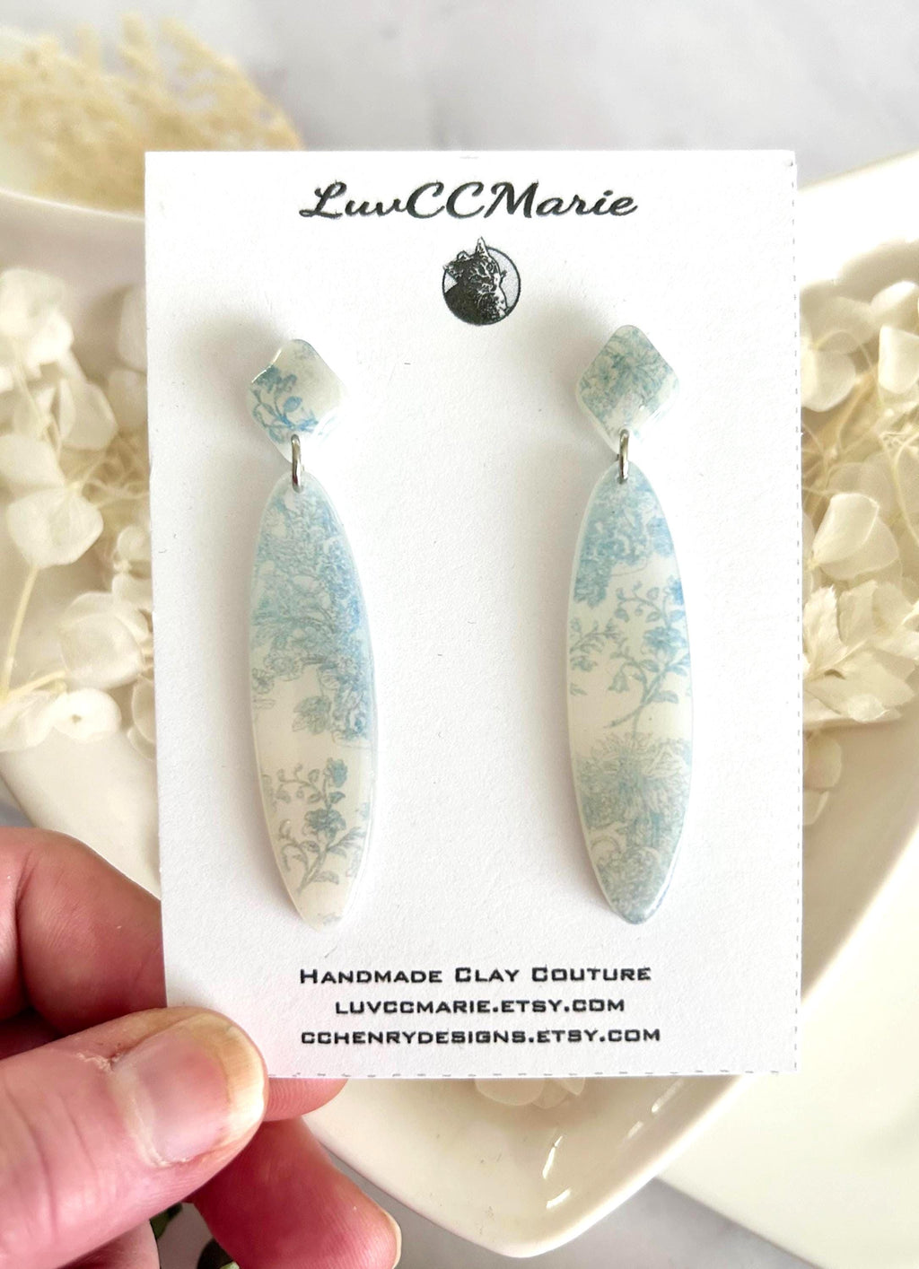 White and Light Blue Floral Earrings, Chinoiserie Dangles, Elegant Bridal Wedding Gift