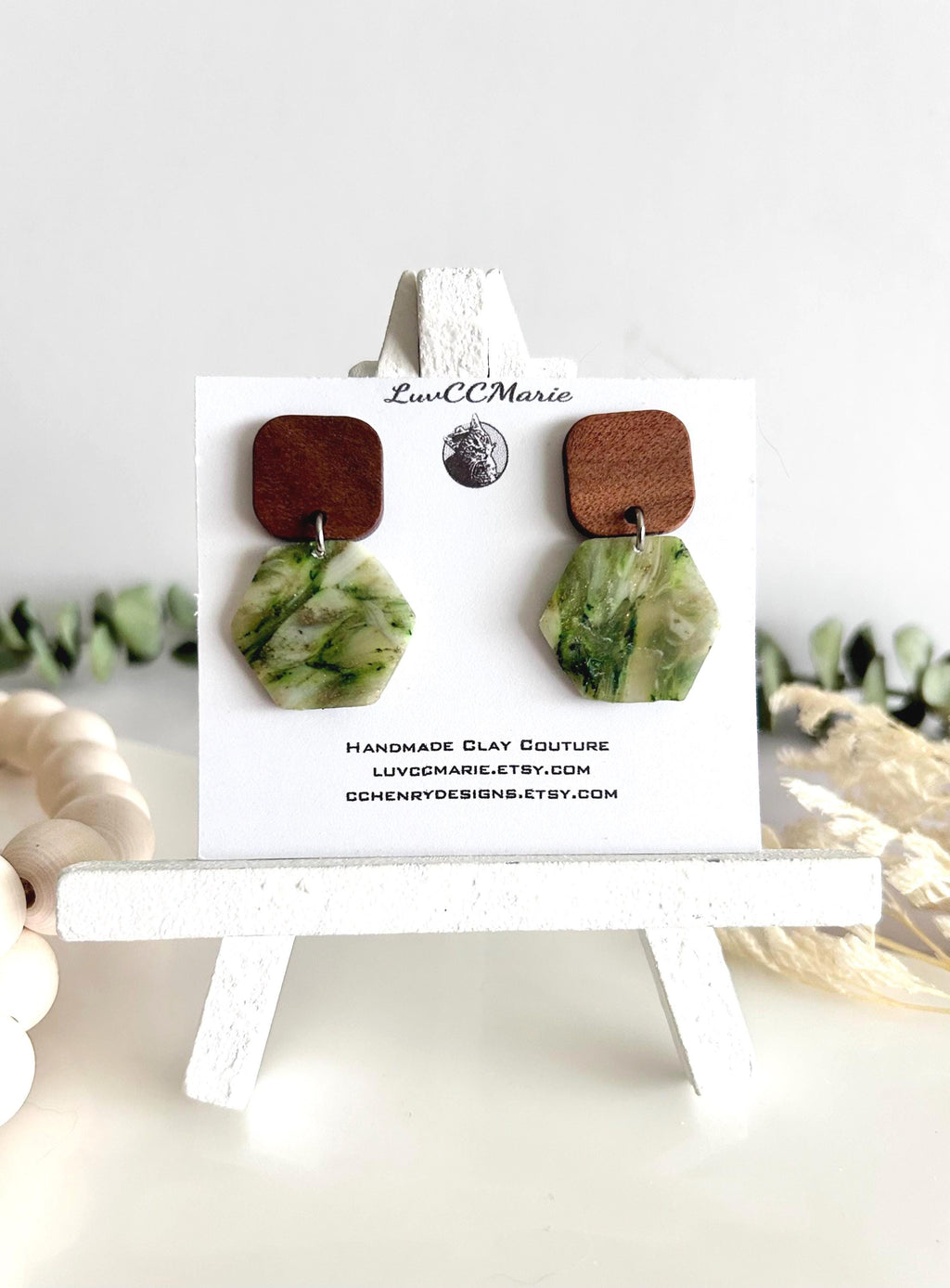 Moss Green Drop Earrings, Olive Army Clay and Wood Lightweight Dangles, Handmade Jewelry Gift