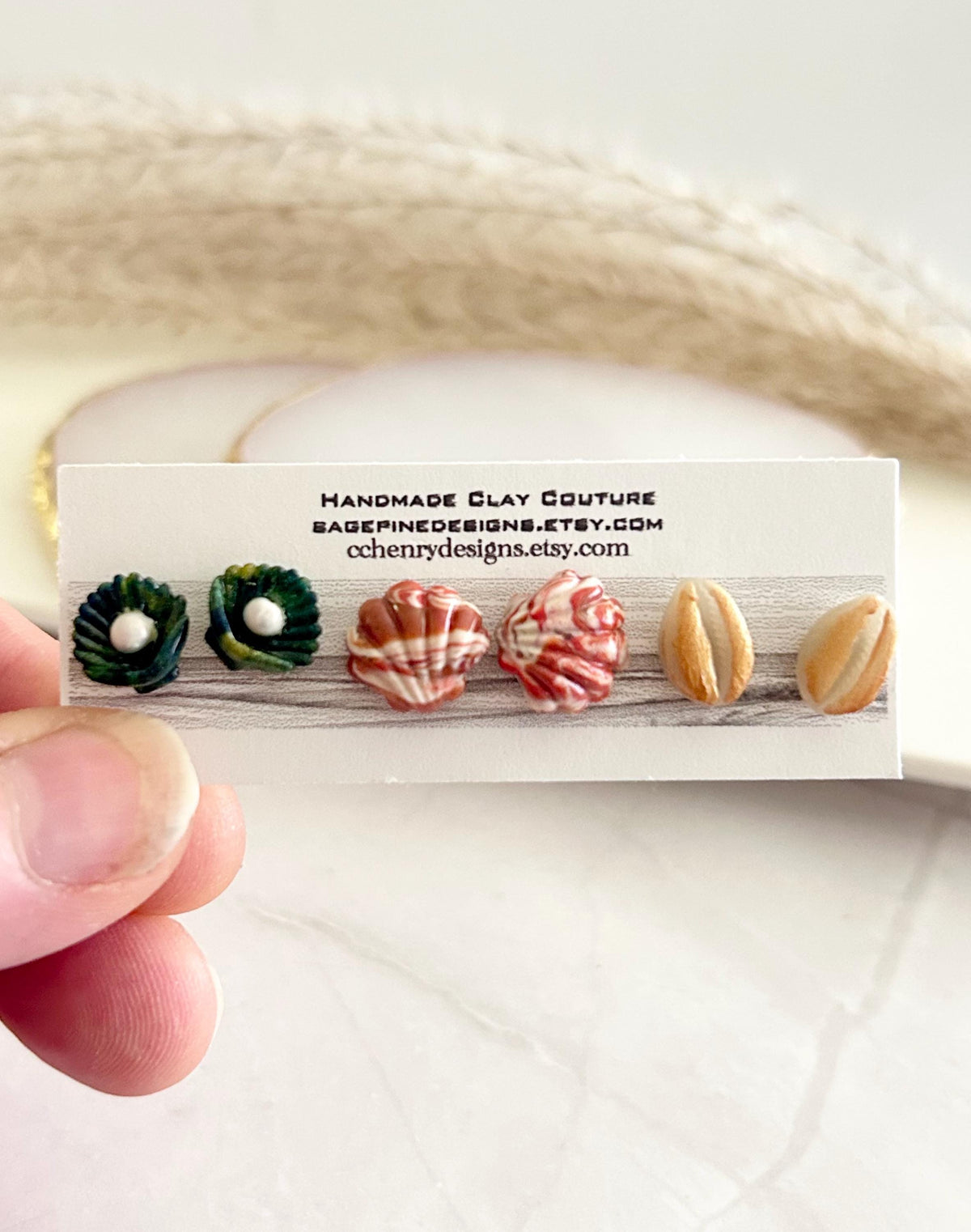 Cowrie Abalone Beach Studs, Coastal Shell Stud Set, Handmade Clay Summer Vacation Jewelry