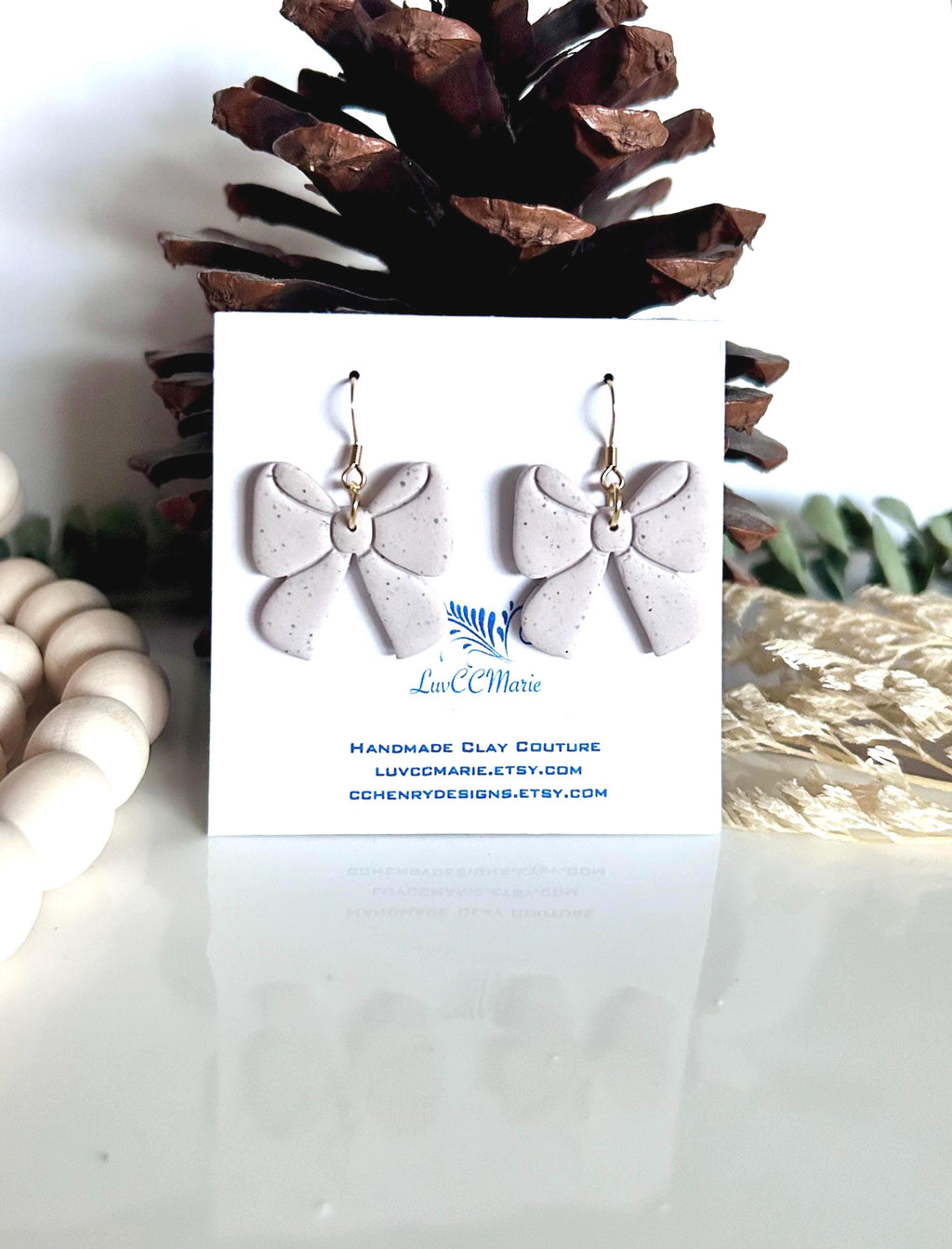 Creamy White Bow Earrings, Red Plaid Hoop Dangles, Maroon Clay Handmade Jewelry