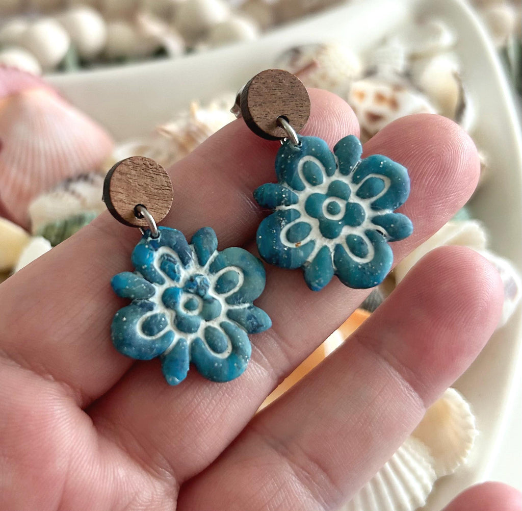Teal & White Santorini Tile Clay Earrings, Boho Flower Mediterranean Dangles
