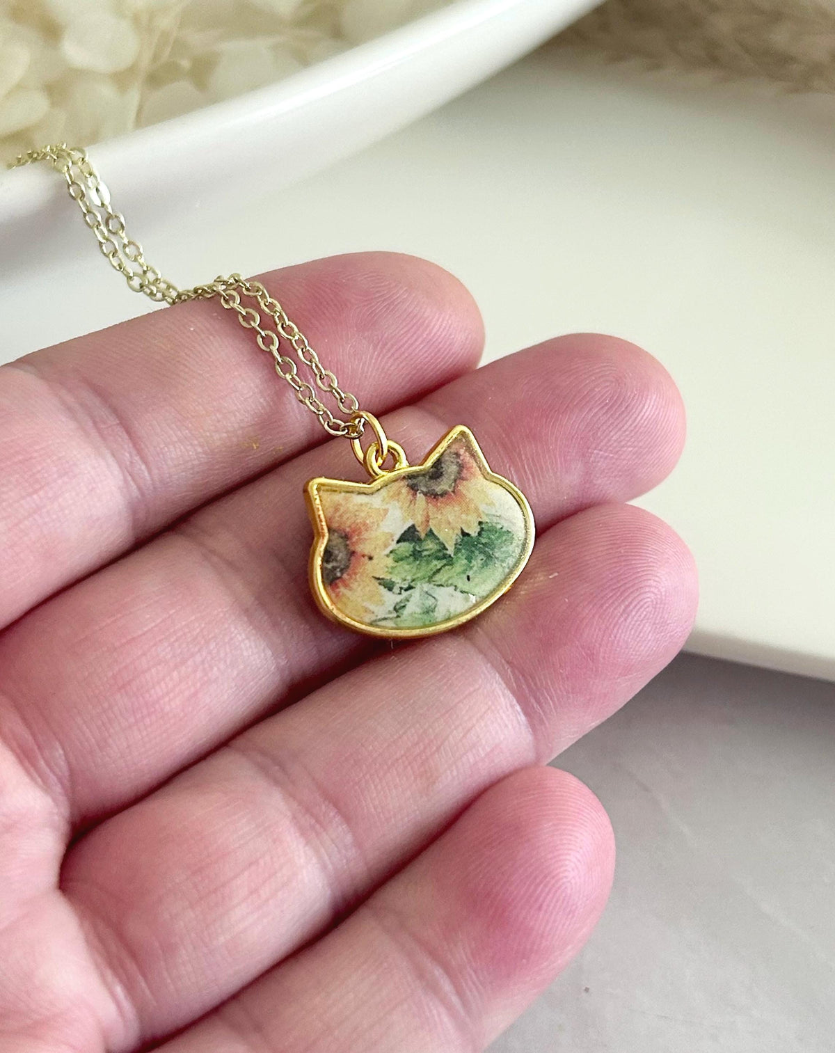 Sunflower Cat Charm Necklace, Yellow and Green Floral Pendant, Handmade Fashion Clay Jewelry