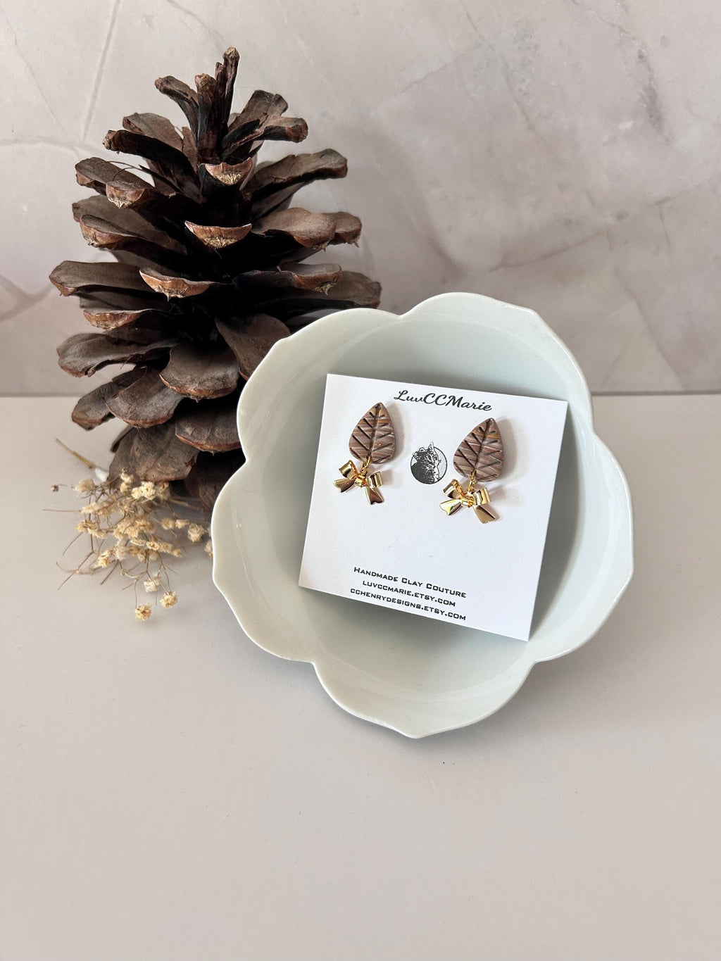 Handmade Leaf Earrings, Neutral Brown Gold Bow Dangles, Boho Lightweight Jewelry