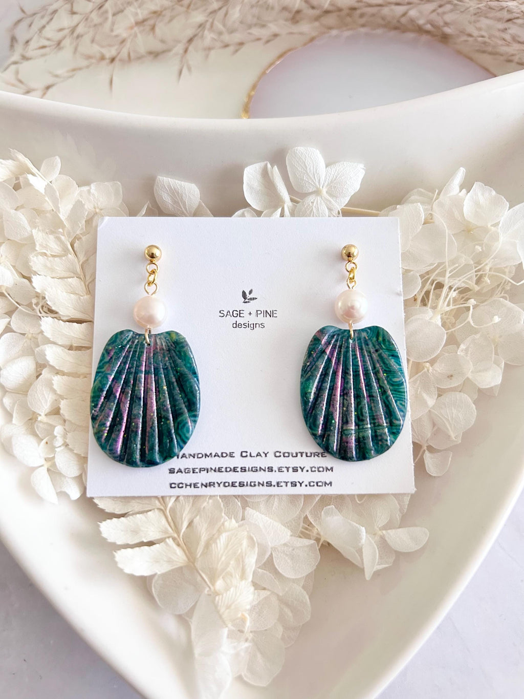 Pearl Shell Dangle Earrings, Abalone Inspired Seashell Dangles, Handmade Clay Coastal Jewelry