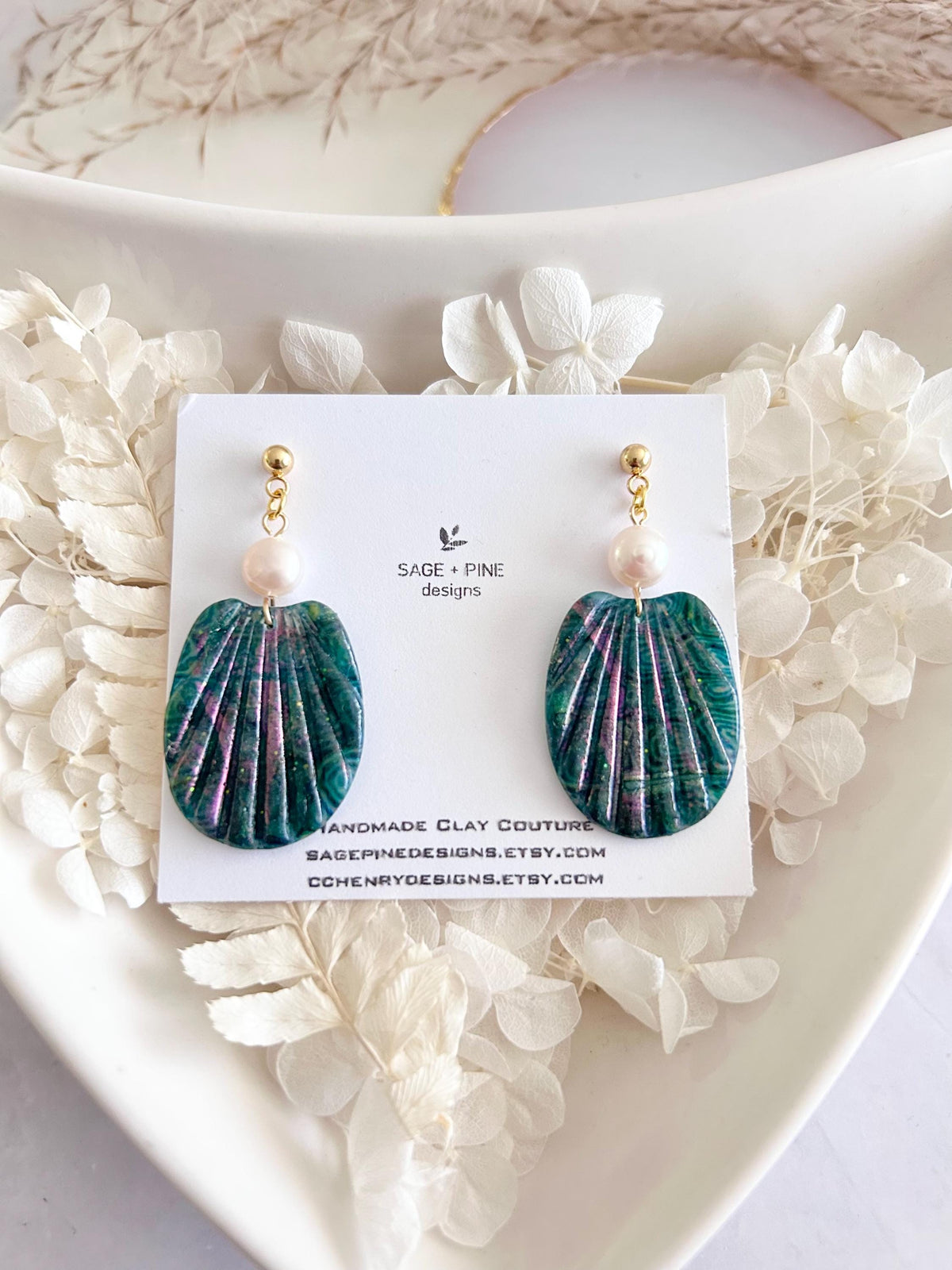 Pearl Shell Dangle Earrings, Abalone Inspired Seashell Dangles, Handmade Clay Coastal Jewelry