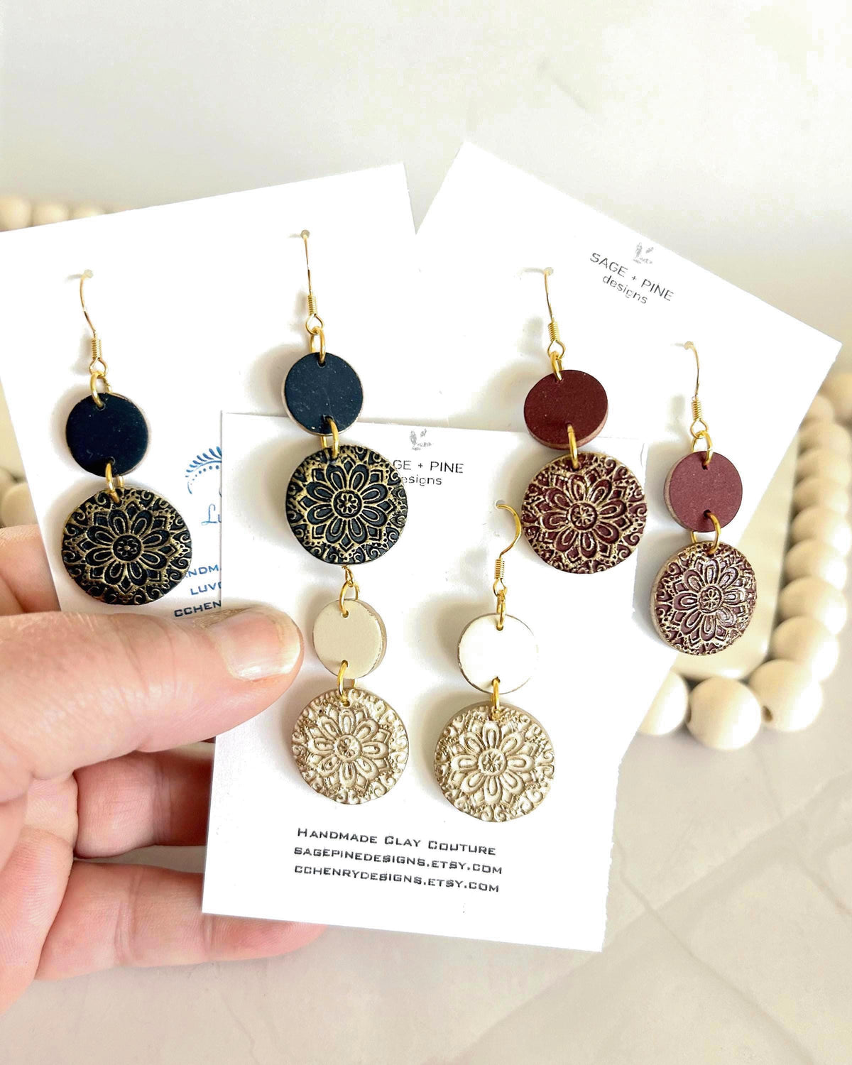 Clay Earrings, Navy Blue, Creamy Off White, Burgundy Dark Red, Gold Floral Mandala Dangles