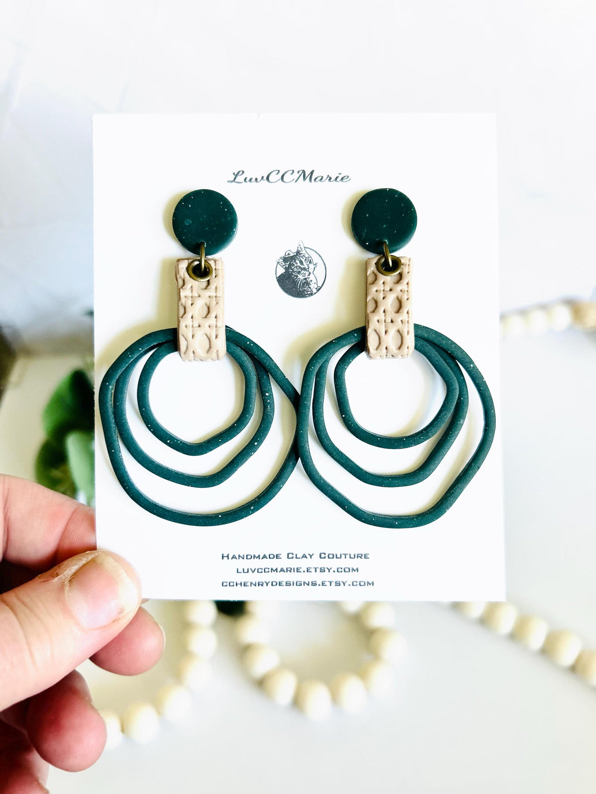 Dark Green Hoop Earrings, Forest Green Large Thin Hoops, Long Hanging Art Nouveau Drops, Unique Artisanal Dangles