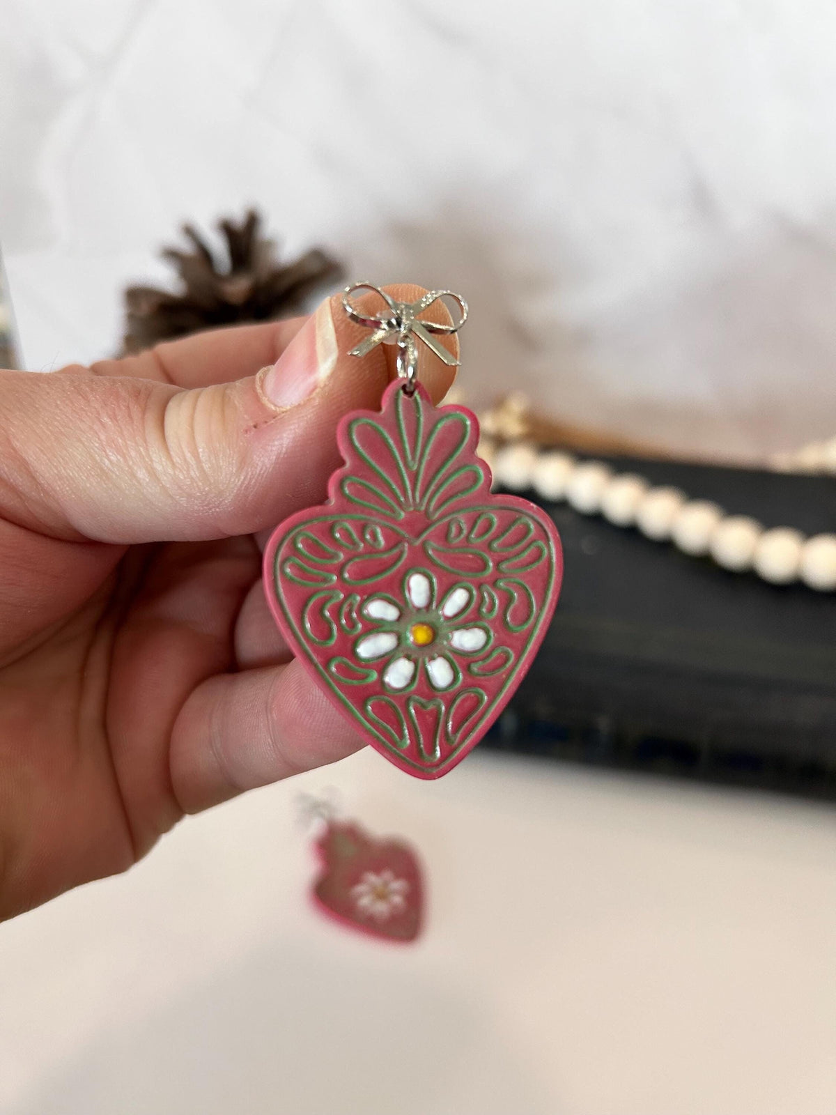 Mexican Strawberry Earrings, Hand Painted Daisy Flower Fuchsia Pink Heart Dangles, Handmade Jewelry Gift