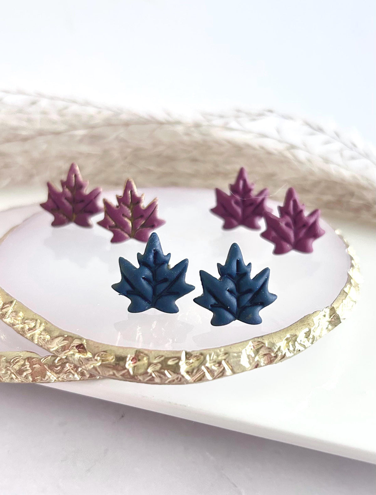 Navy Blue & Dark Burgundy Maple Leaf Stud Earrings, Hypoallergenic Post Fall Jewelry