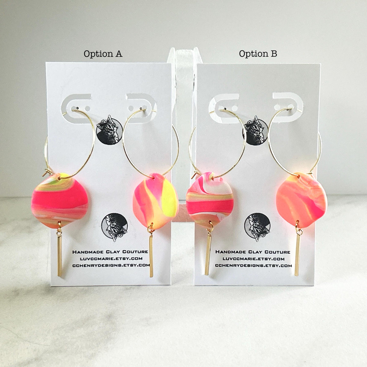 Neon 80s Clay Earrings, Hoop Bar Dangles, Fluorescent Jewelry