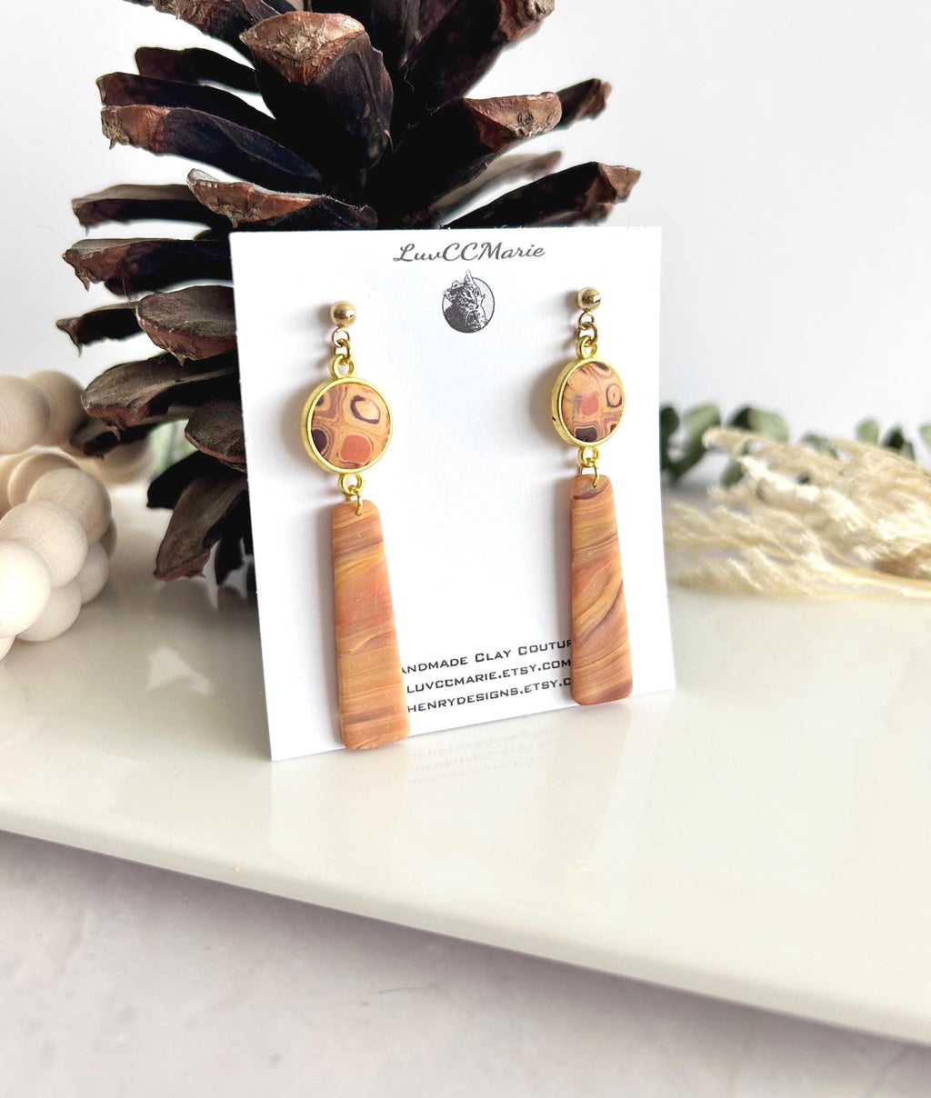 Mustard Yellow Clay Earrings, Abstract Bar Dangles, Long Drop Mid-century Modern Handmade Boho Jewelry